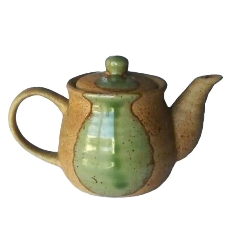 Vintage Handcrafted Pottery Stoneware Speckle Textured Green Glaze Teapot